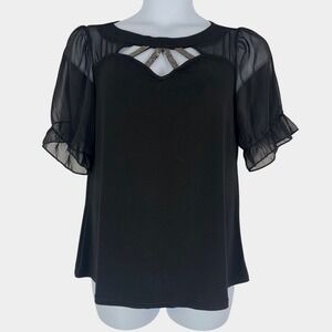 Adele & May XL Black Sheer Sleeve Rhinestone Neck Blouse